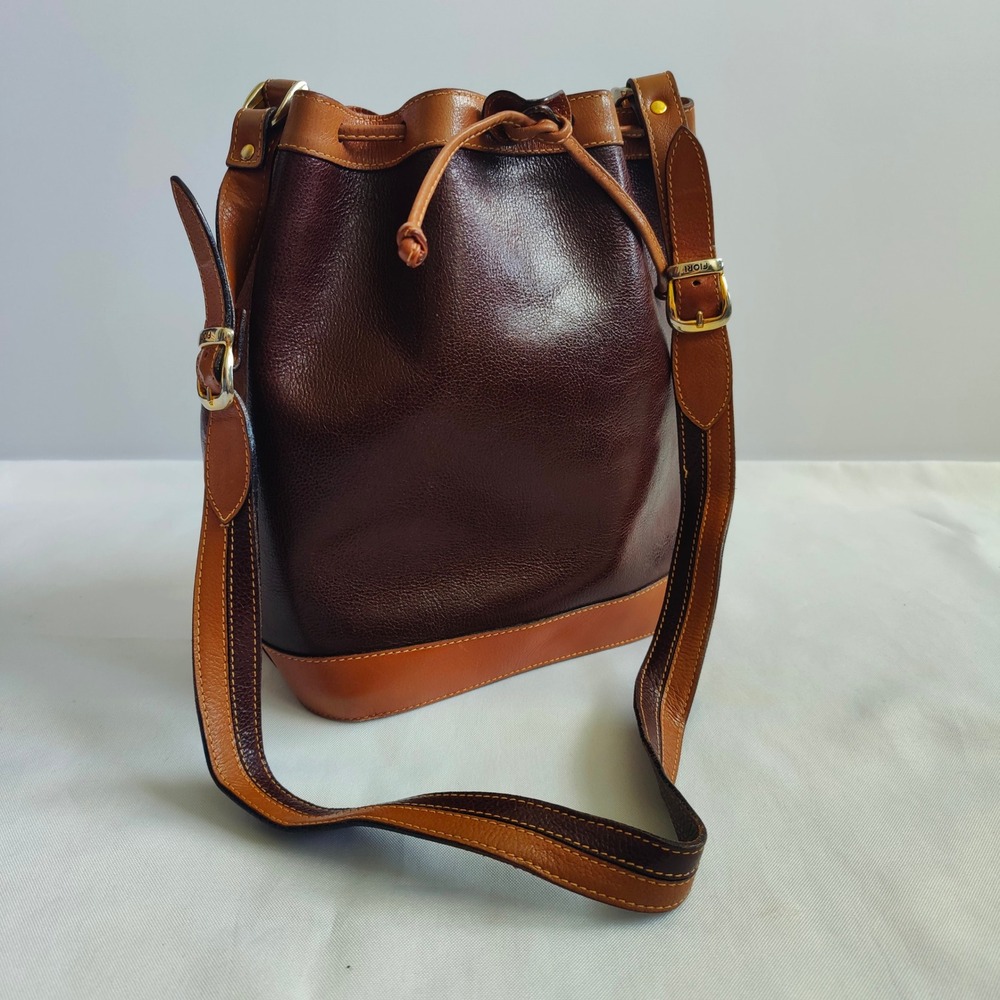 Fiori Vintage Leather Bucket Bag Brown Two Tone Minimalist Drawstring Shoulder